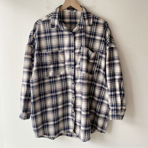 boohoo blue tan white plaid oversized flannel button up shirt size 6